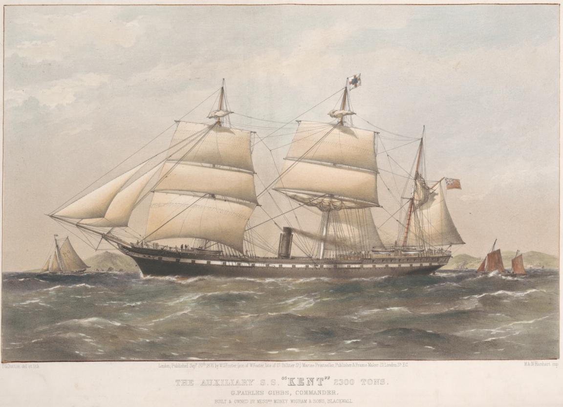Painting of a large ship setting sail in the sea, surrounded by smaller boats