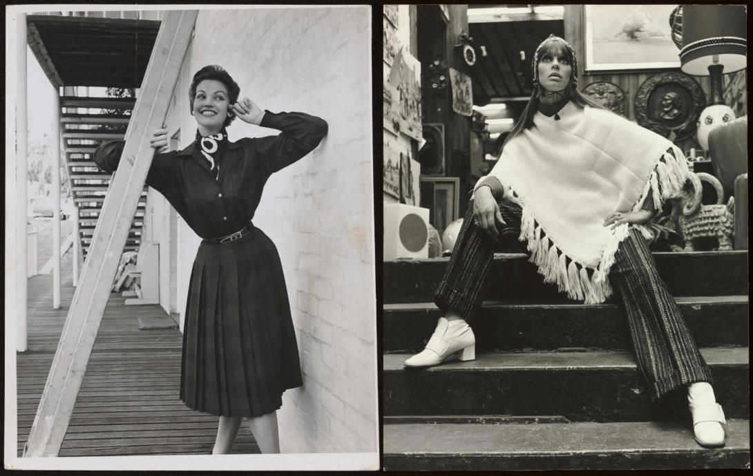 Two black and white fashion photographs. The photo on the left shows a smiling woman wearing a mid-length, button-up, long sleeve dress and a scarf tucked into the collar leaning on a beam next to a brick wall. The photo on the right shows a woman in a white poncho, headband, dark pants and white boots sitting on stairs looking dramatically into the distance