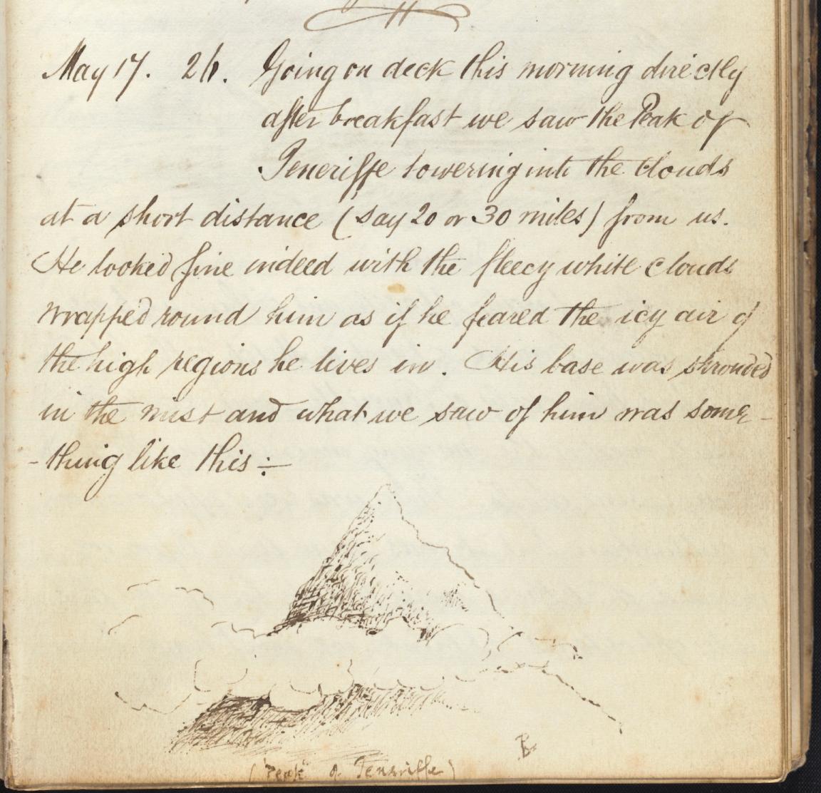 Bottom half of a page in a diary with writing about seeing a mountain in the distance and a sketch of what it looked like