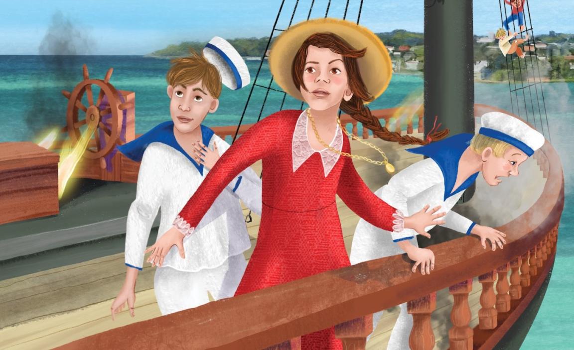 A section of the cover of the book 'Marion and the Forty Thieves' showing some of the characters on a boat.