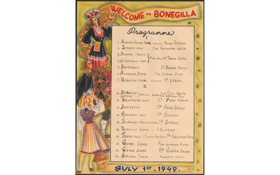Colourful program with watercolours of people in colurful outfits and a list of performers and their performances