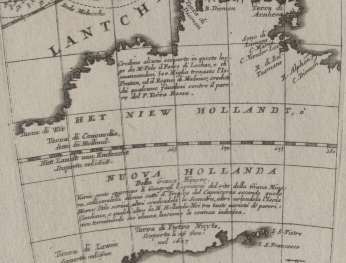 A black and white map showing Australia, then called New Holland, in the late 1600s.