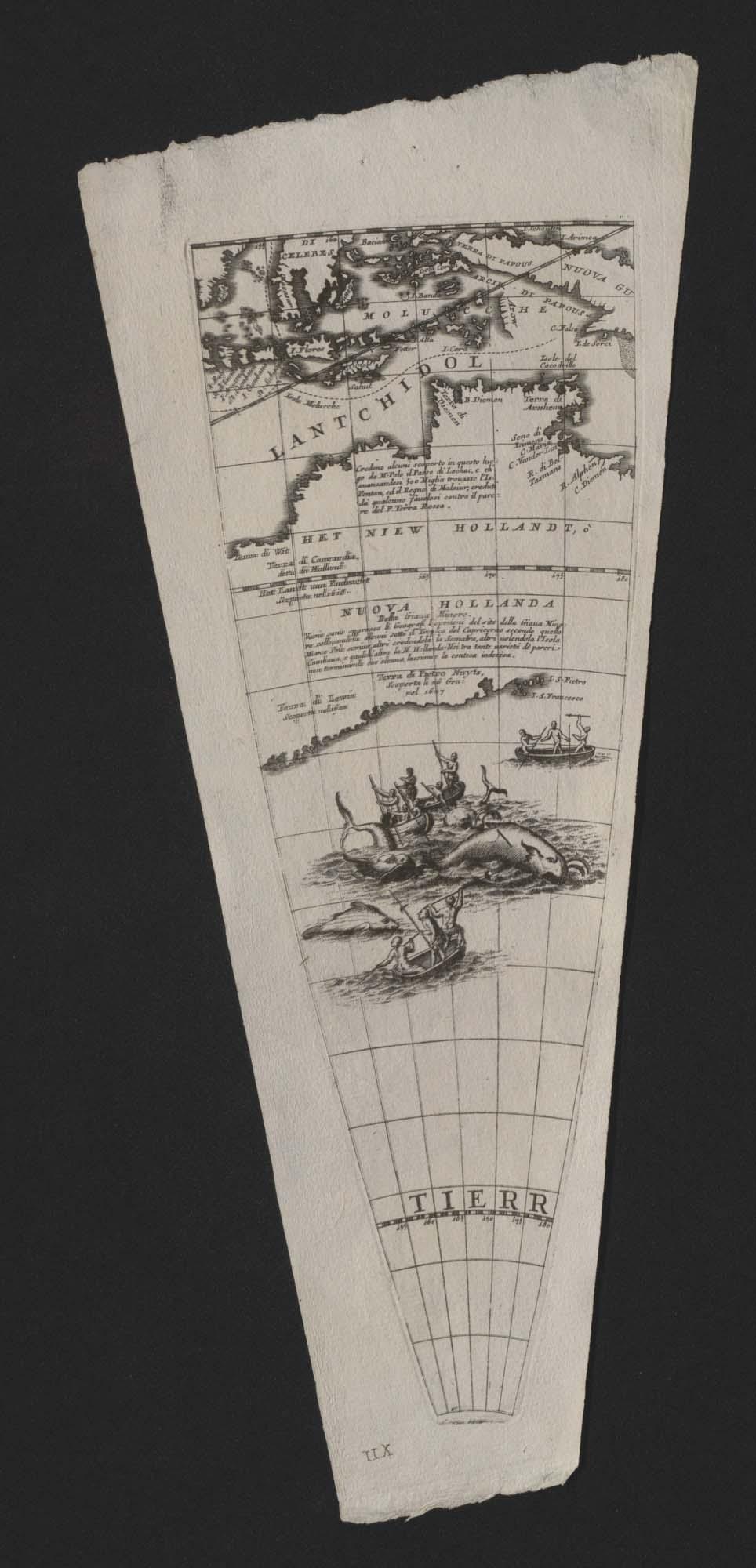 A piece of material with a tapered section of a map printed on it.