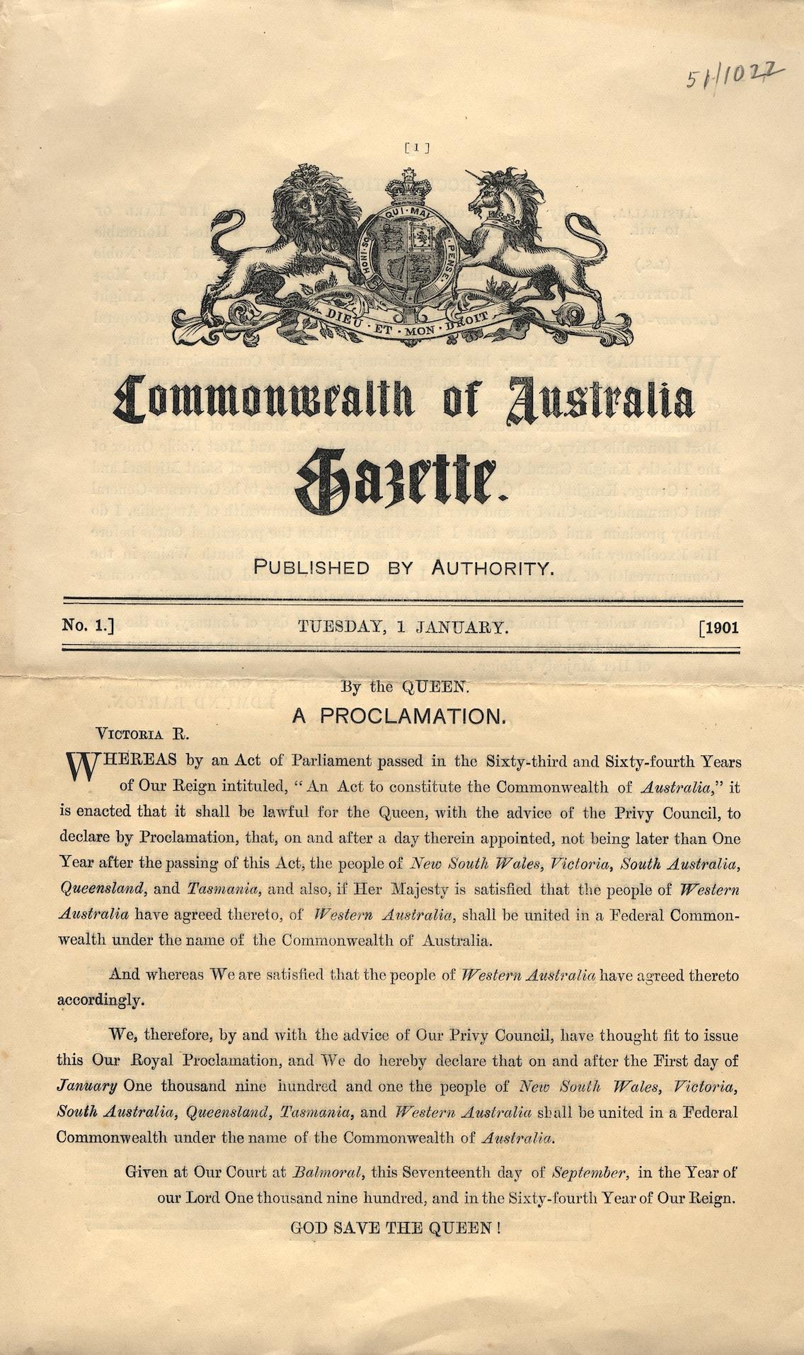 Front page of the Commonwealth of Australia Gazette, with a large image of the Australian coat of arms at the top