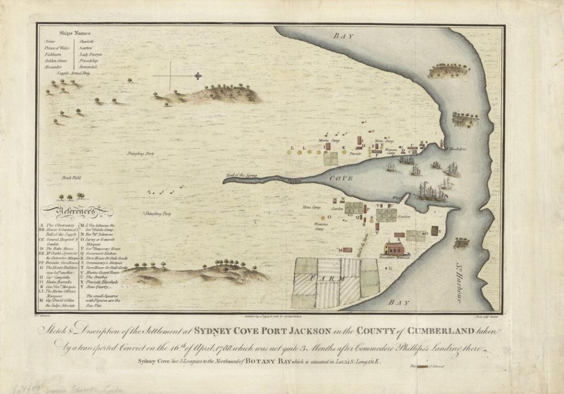 Eighteenth century style map showing notable features and buildings around a cove, and artistic text underneath reading 'Sketch &amp; Description of the Settlement at Sydney Cove Port Jackson in the County of Cumberland