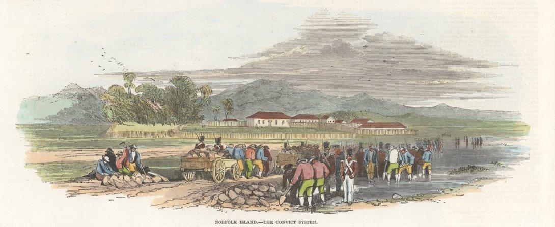 Illustration of convicts working with various tools along a road, with soldiers supervising them