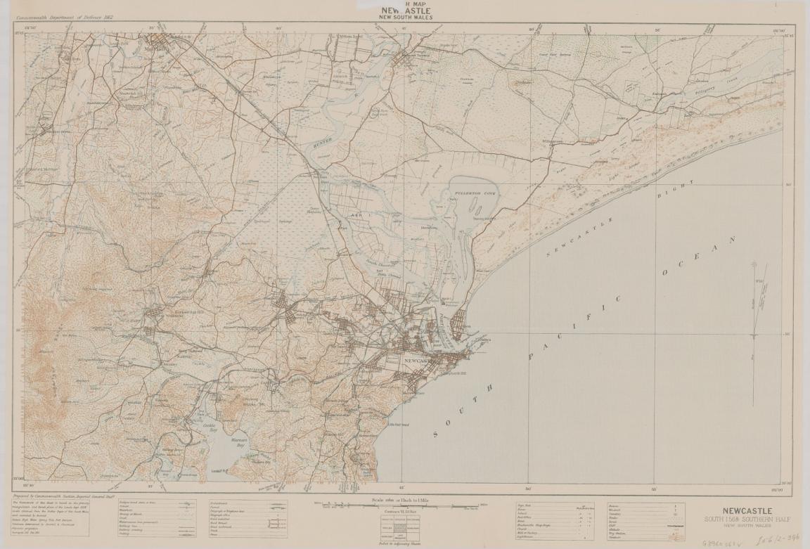 Topographic map of Newcastle, New South Wales, showing coastal areas, roads, rivers, and urban layouts, including harbors and railway lines.