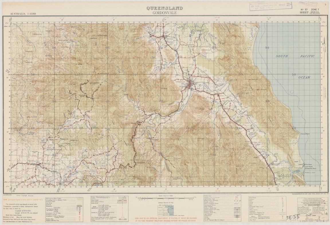 Topographic map of Gordonvale, Queensland, showing contour lines, roads, rivers, and coastal areas, with military notations from 1942.