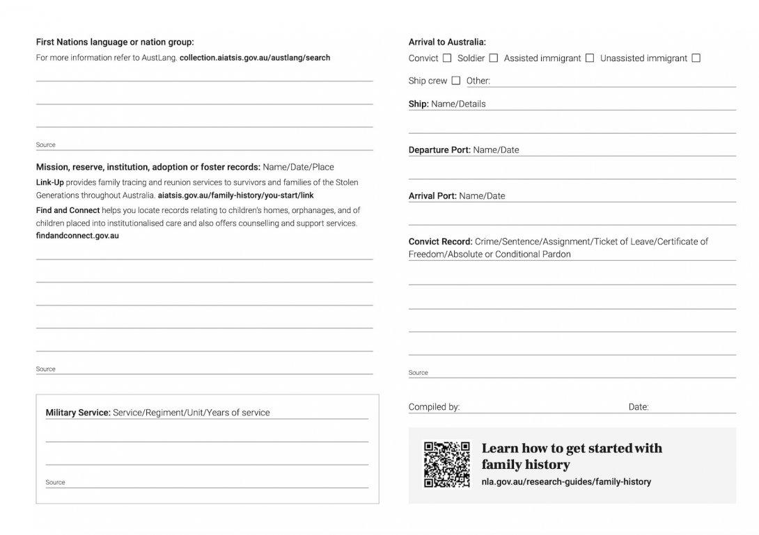 Second page of the Library's Individual Research Form which has places to add information on an ancestor such as military service, arrival to Australia and convict record