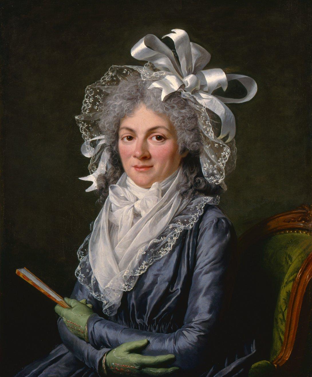 Portrait of Madame de Genlis wearing a blue dress and green gloves, looking directly at the viewer