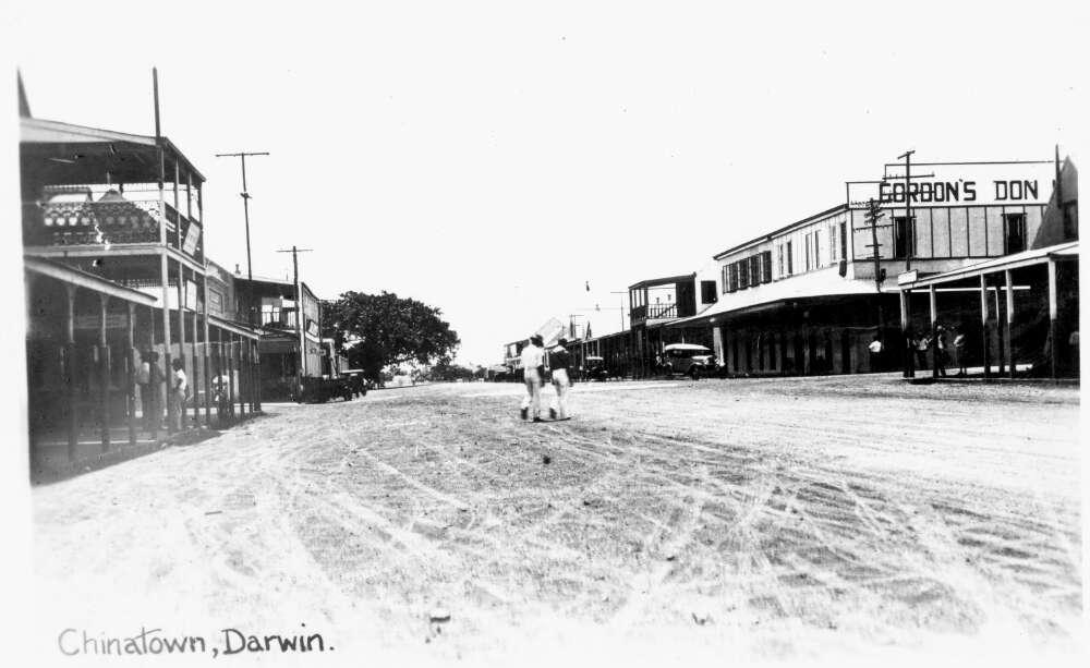 Black and white photo of an empty street in Chinatown, Darwin