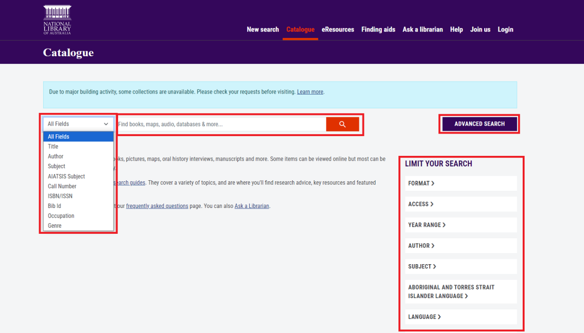A screenshot of the catalogue search page. Red boxes highlight the search bar, the limit field drop down menu, advanced search button and limit your search options.