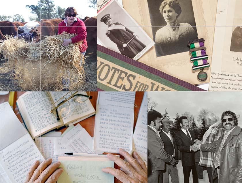 A collage of 4 photos: A woman handles hay with cattle behind her, Old photos of women and a medal, Glasses, hands, notes on open books, Five men standing as two shake hands