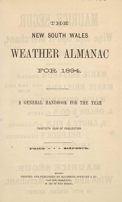 A sepia image of a weather almanac for 1894.