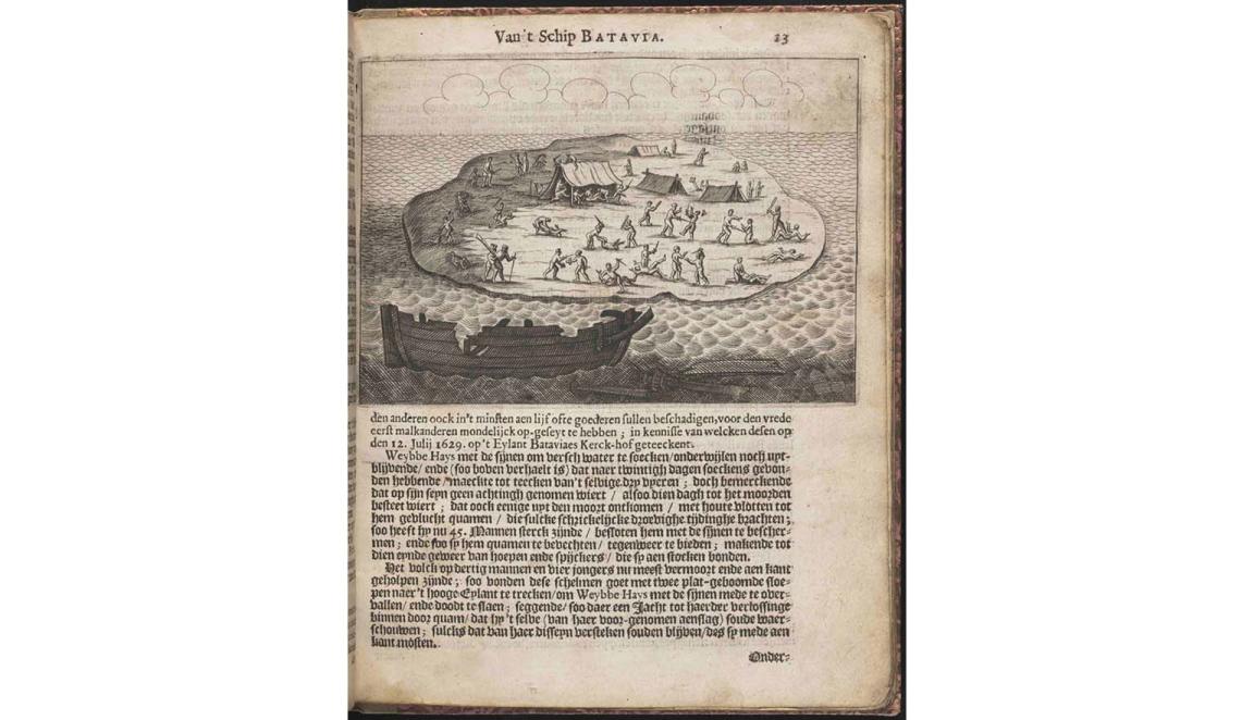 An image from an old Dutch book showing some text with a pen drawing above the text of several tents on an island and many people fighting with each other.