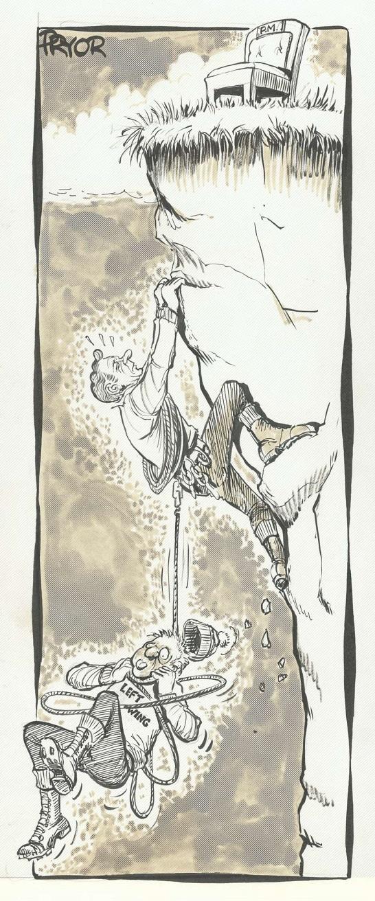 A cartoon of Bill Hayden climbing a cliff with a figure labeled "LEFT WING" hanging below, while a chair labeled "P.M." sits at the top