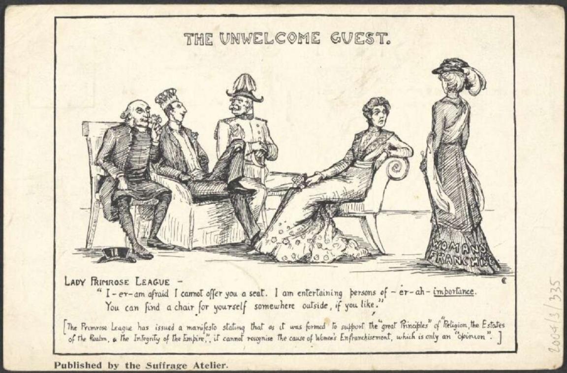 A black-and-white illustration titled "The Unwelcome Guest" depicts three men seated on a couch, with one woman seated beside them. The men, wearing varied formal attire including a military uniform, are shown in conversation, while the woman appears reserved. Another woman stands to the right, facing the group, wearing a long dress with "Woman's Franchise" written along the hem. Below the image is dialogue attributed to "Lady Primrose League," explaining that she cannot offer a seat to the standing woman