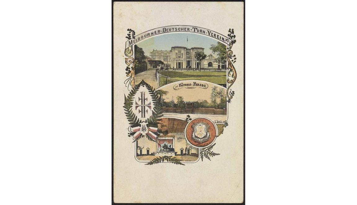 A small drawing or print advertising the Melbourne German Gymnastics Club.