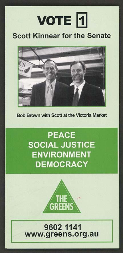 A photo of a green coloured 'Greens Vote 1' card for the senate, showing a photo of Bob Brown and Scott Kinnear.