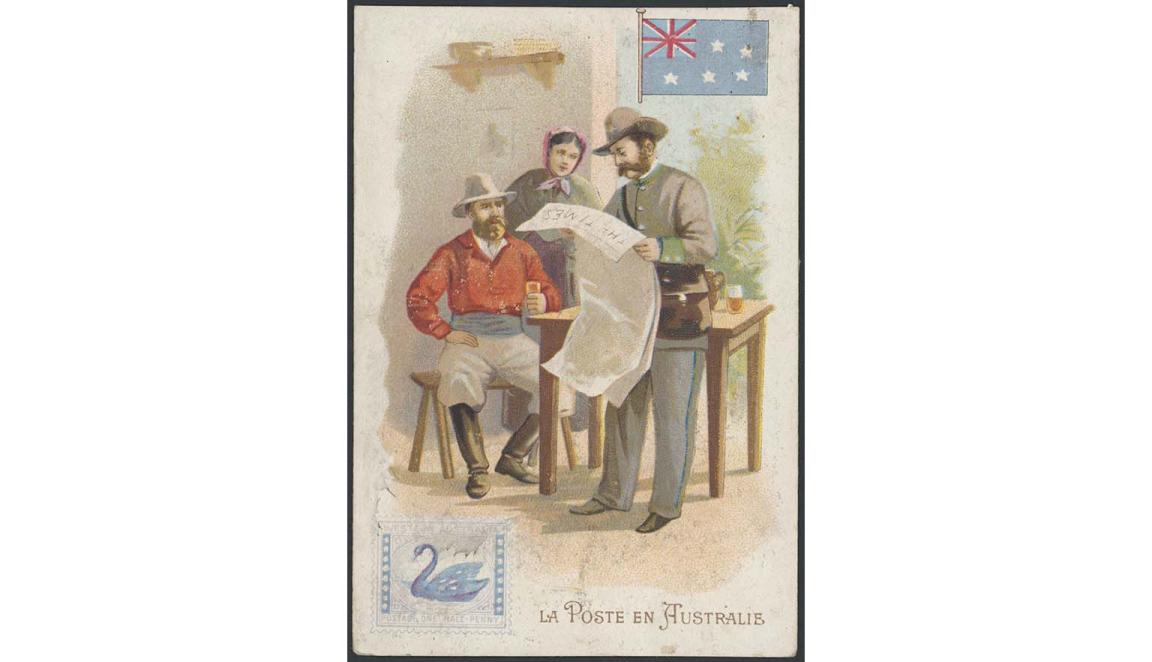 A postcard with a drawing of a man reading an Australian newspaper with a man and a woman sitting at a table behind him.