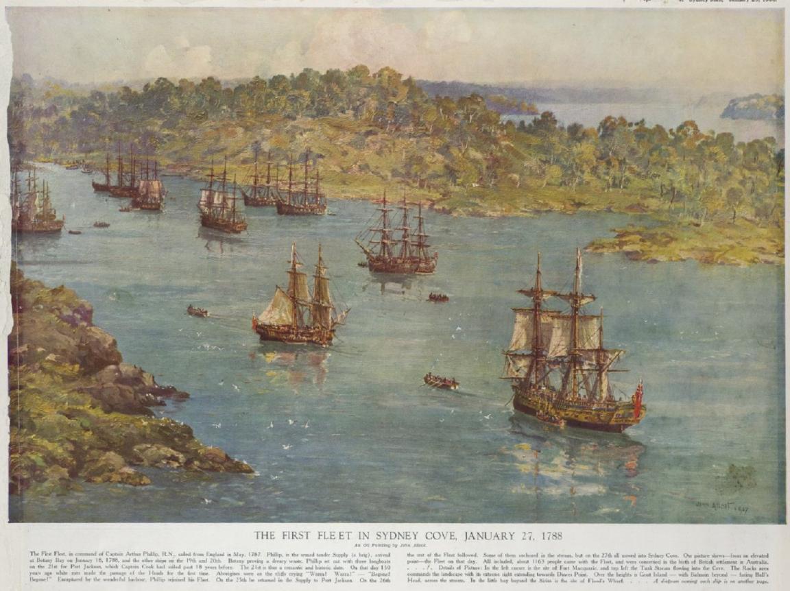A painting of several ships from the First Fleet sailing into Sydney Cove, surrounded by small boats and set against a backdrop of green, forested land. The ships are depicted with full sails, and the water reflects their presence. The scene is set on a clear day with calm waters, and the rocky coastline is visible in the foreground.