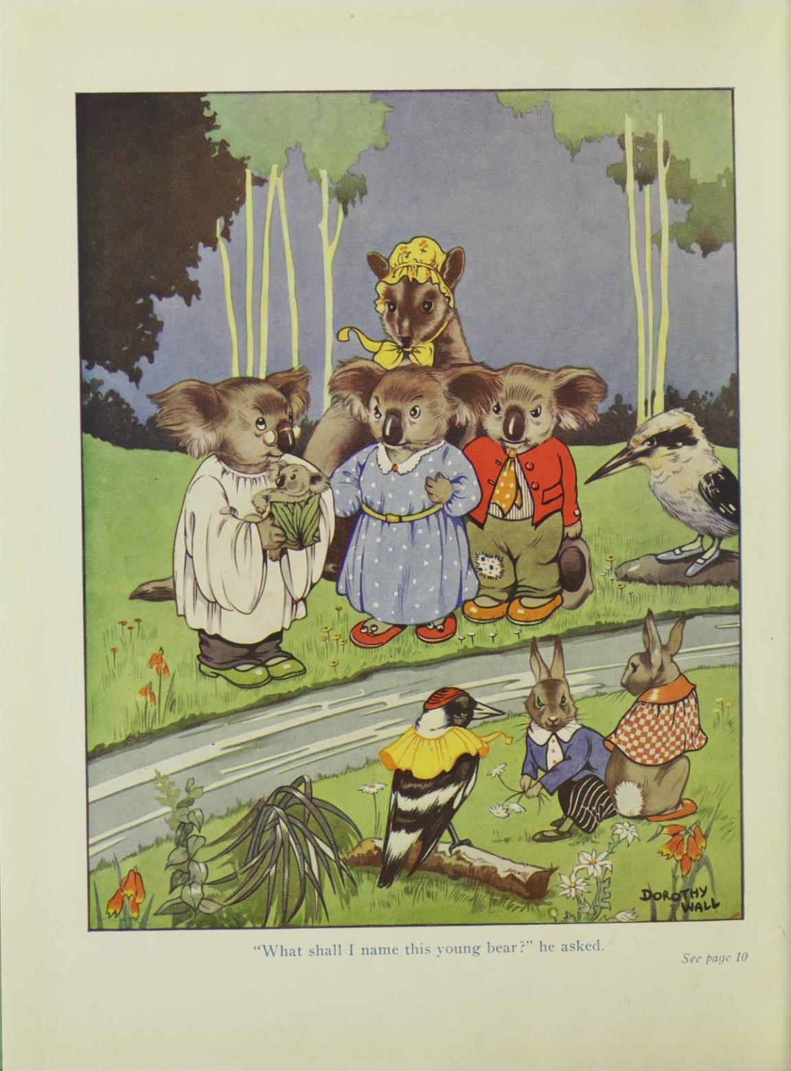 A colourful illustration featuring a group of anthropomorphic koalas dressed in clothes, along with other animals like rabbits and birds, gathered in a grassy area. A caption reads, "What shall I name this young bear?"