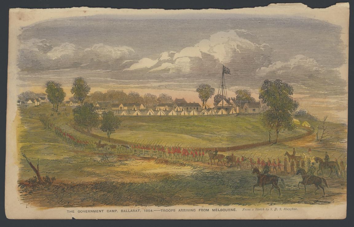 A historical scene depicting a military procession of troops on foot and horseback arriving at a government camp with rows of white tents, buildings, and a tall flagpole. The troops are marching along a dirt road surrounded by trees and fences.