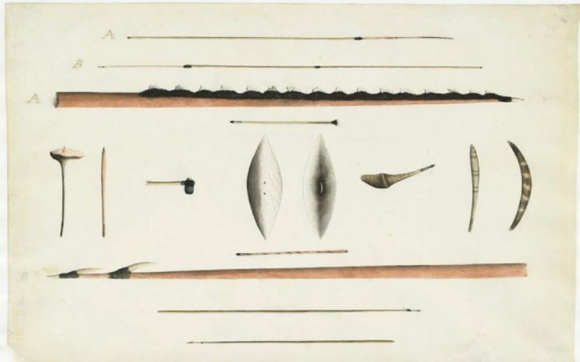 A detailed drawing of various hunting implements and weapons. The illustration includes spears, shields, boomerangs, clubs, and other tools, arranged in a grid-like pattern on a plain background. Each item is depicted with precise lines and shading, with some labelled using letters A and B.