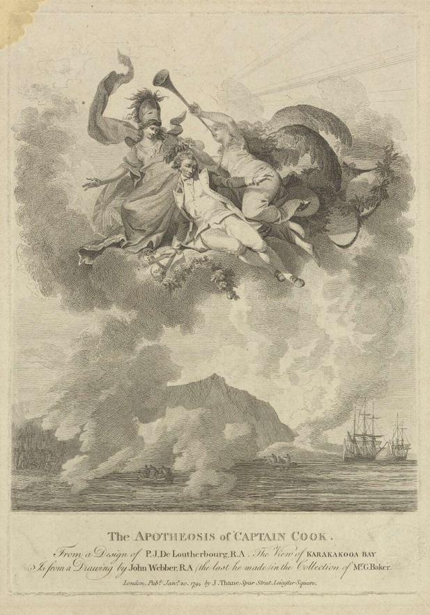 Engraving showing James Cook being lifted into the clouds by two allegorical figures. One figure wears a headdress and holds a weapon, while the other has wings and blows a trumpet. Below, ships and a coastline are visible in the background