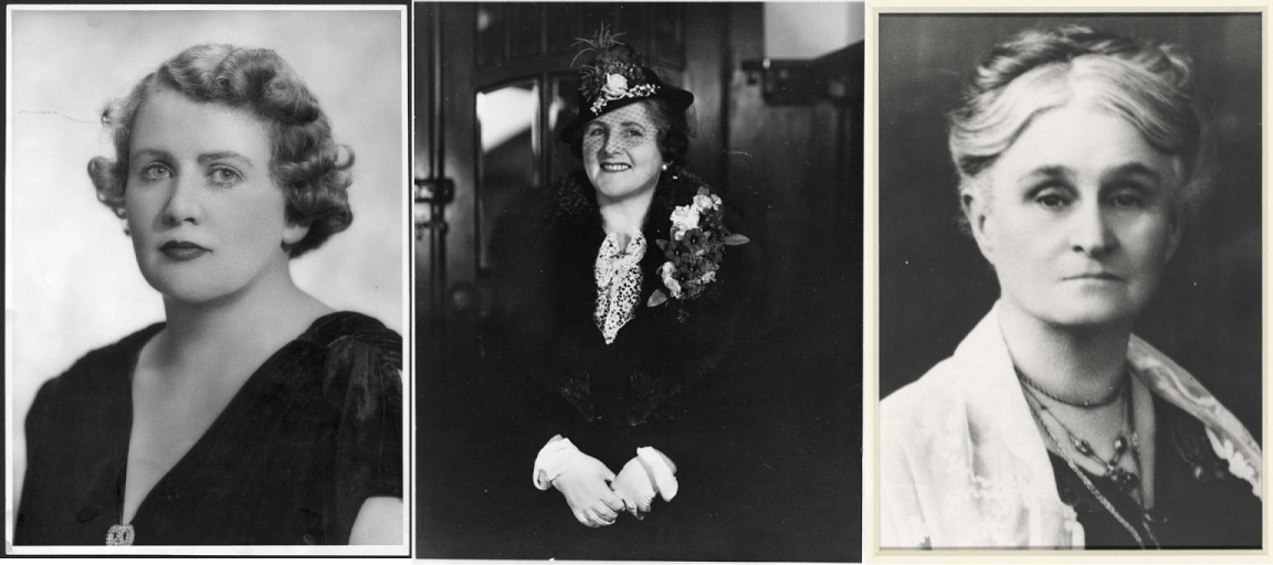 Portraits of (left to right) Dorothy Tangney, Dame Enid Lyons and  Edith Cowan in black and white