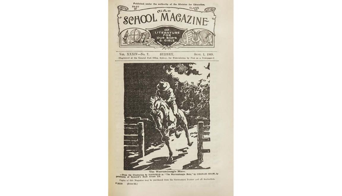 Front cover of 'The school magazine' with a drawing of a man in a hat riding a galloping horse through a gate at night.