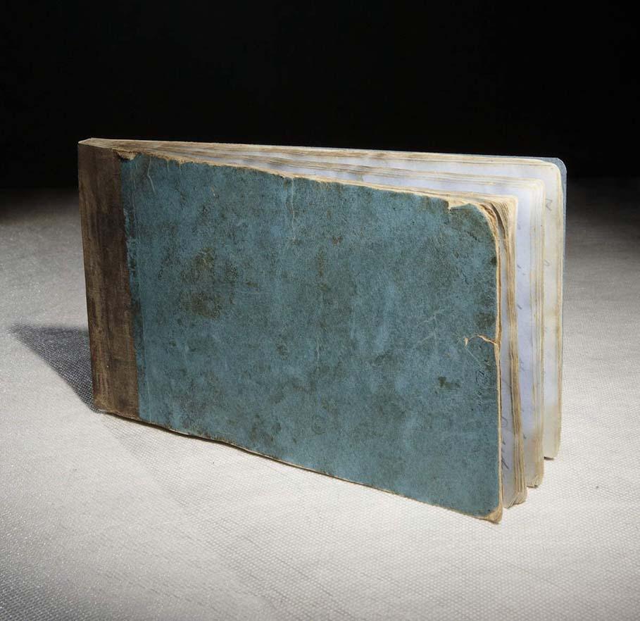 A photo of a tattered old blue book.