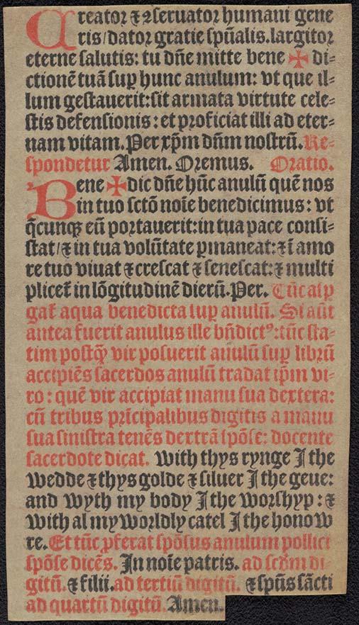 A manuscript written in old English text. Some text is red and some is black. It is missing a small fragment from the lower right corner.