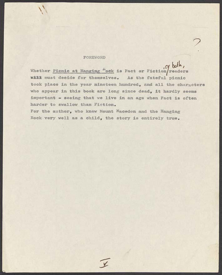 A yellowed typewritten page saying 'Foreword' and some hand written words saying 'or both?' next to fact or fiction.