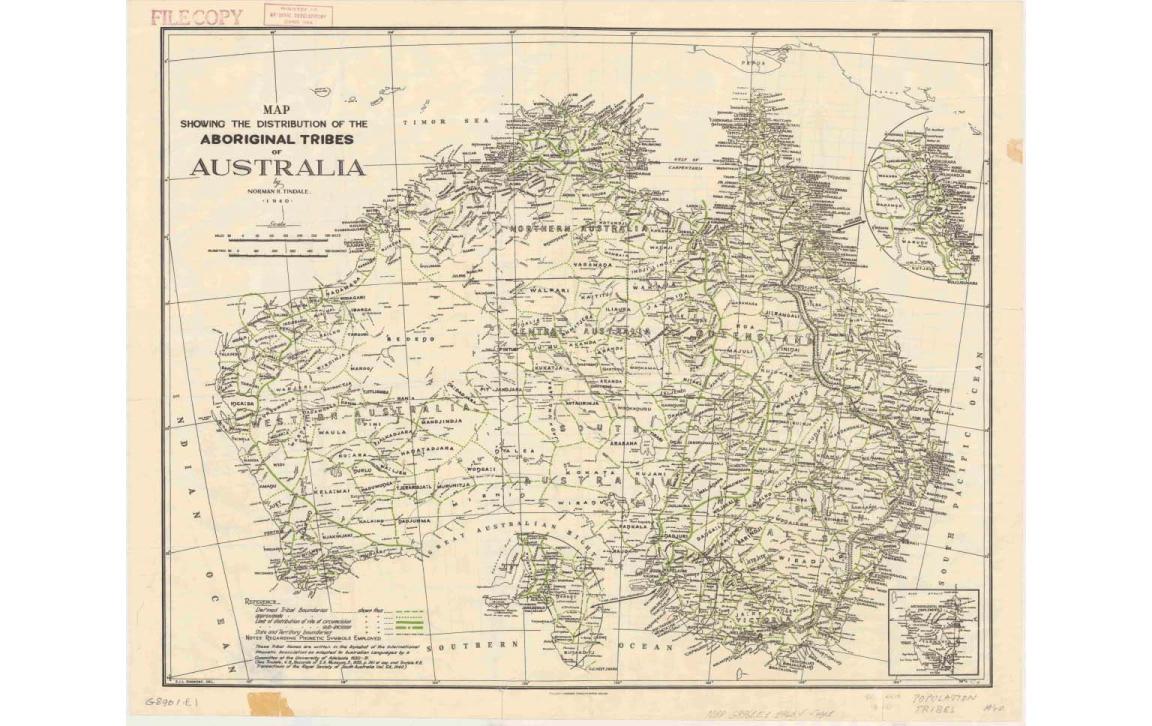An old map of Australia showing the distribution of Aboriginal tribes across the country.