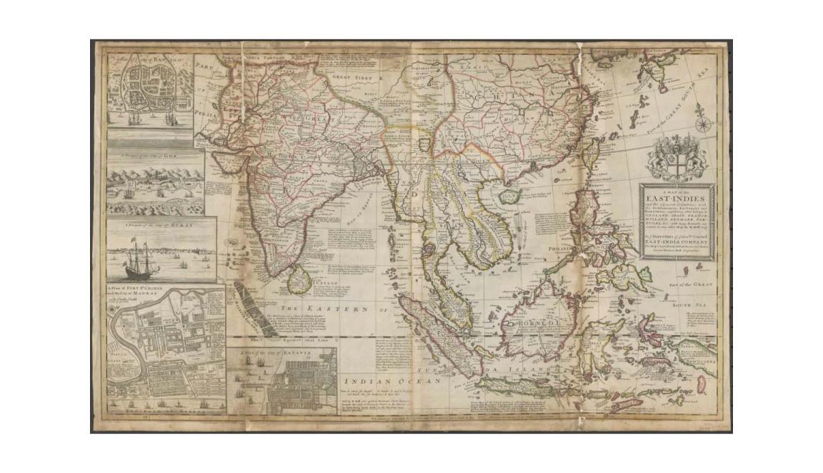 A map of southern Asia which details the early development of the English East India Company.