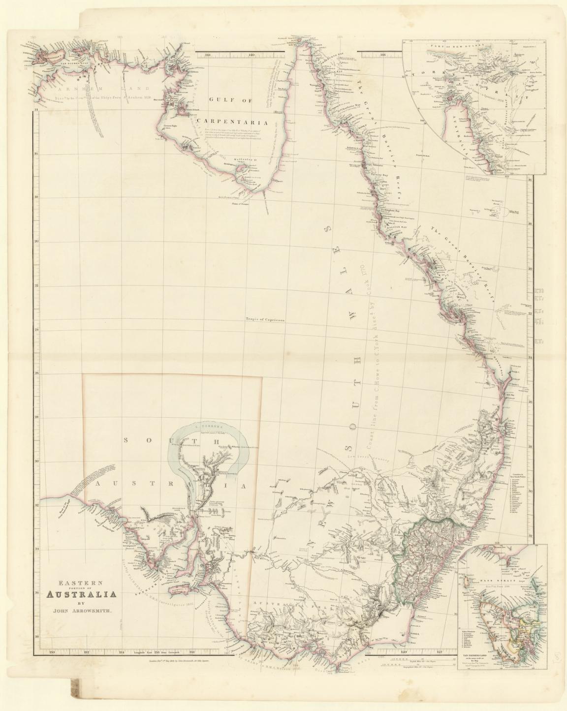 Map of eastern Australian, with detail of terrain and mountains in the south east