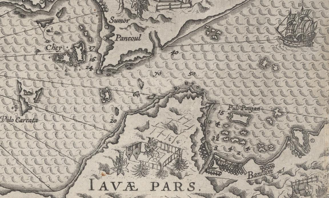 An old black and white map of the Sunda Strait decorated with pictures of navigational symbols, landmarks and ships