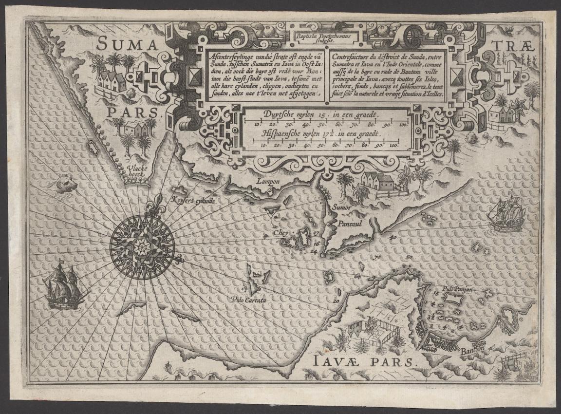 An old black and white map of the Sunda Strait decorated with pictures of navigational symbols, landmarks and ships