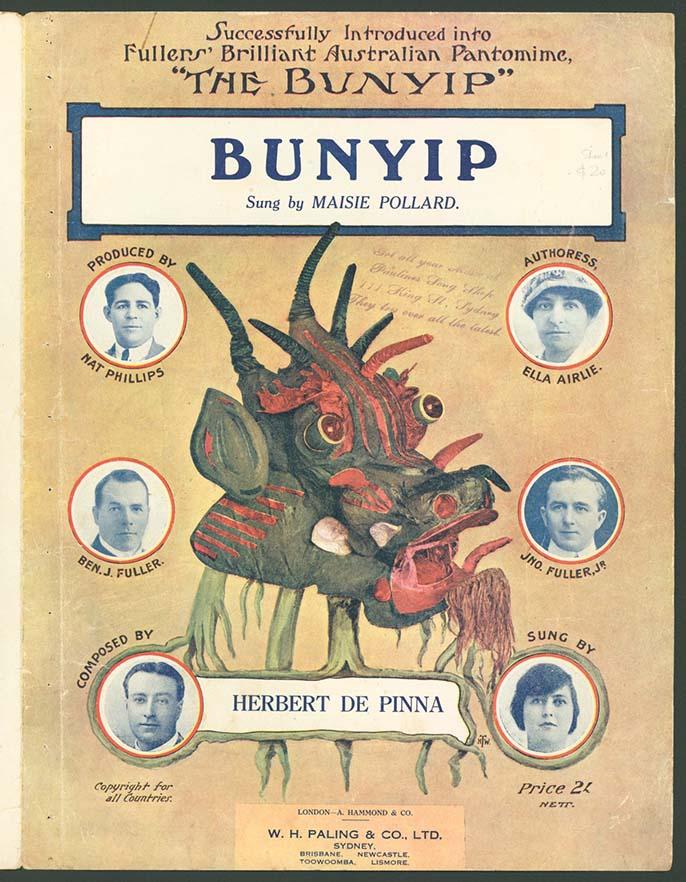 A music book cover of the performance 'Bunyip'. An image of an imagined bunyip takes up the centre of the cover. It looks vaguely like a Chinese dragon crossed with a pig and a cow. It is green and red. Surrounding the Bunyip head are inset portraits of the author, composer and other persons connected with the performance.