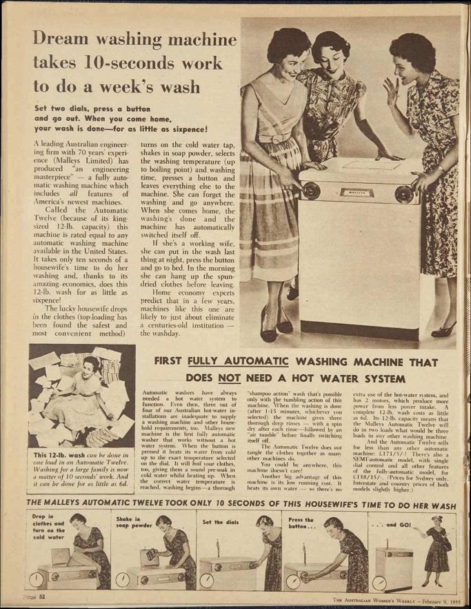 A black-and-white advertisement showing three women gathered around an early automatic washing machine. The women are smiling, while one gestures towards the machine. Below, a step-by-step diagram explains the ease of operating the washing machine. The headline highlights its time-saving benefits.