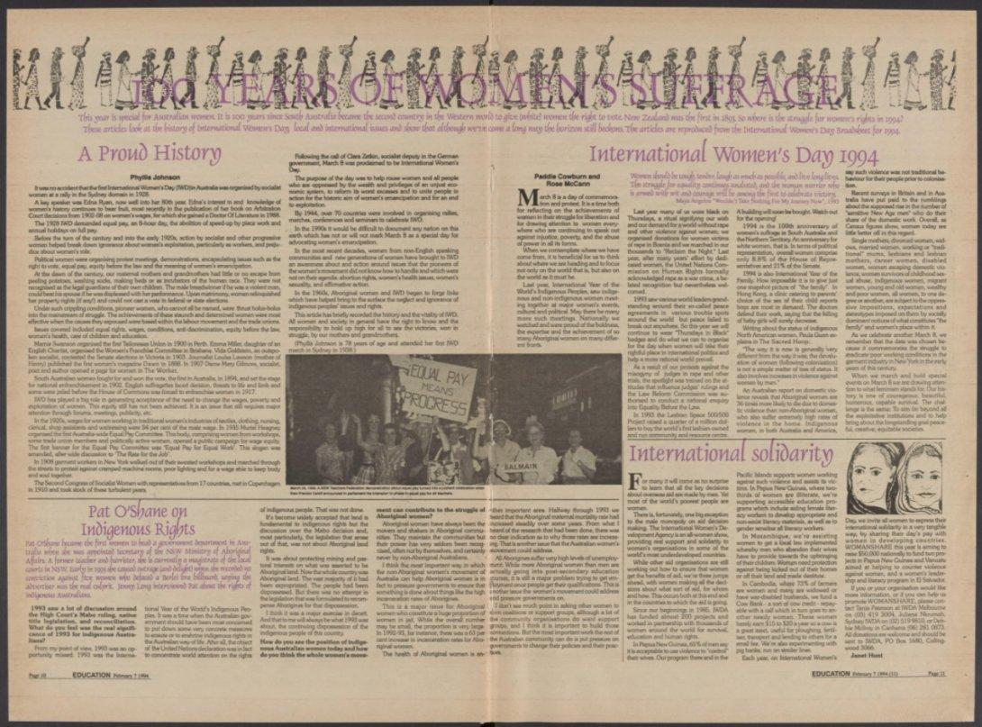 A newspaper spread with the title "100 years of womens suffrage"
