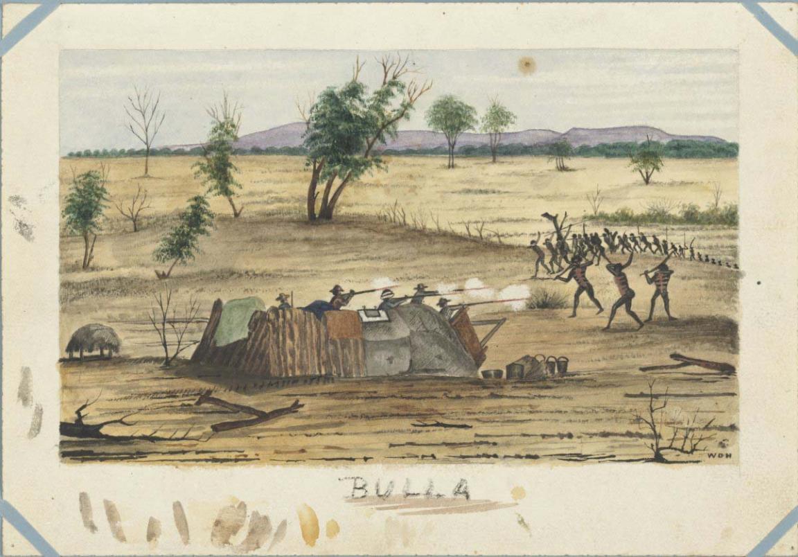 A water colour painting of men firing rifles from a tent at a tribe of First Australians on an outback plain.