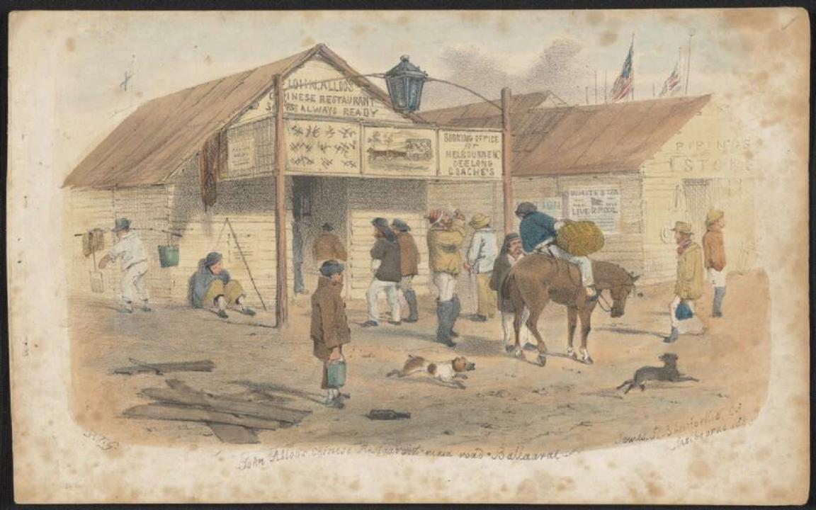 A watercolor painting from 1855 depicts a scene outside John Alloo's Chinese Restaurant on the main road in Ballarat. Several men, some on horseback, gather near the building, while others stand or sit by its entrance. A dog lies in the foreground on the dusty road.