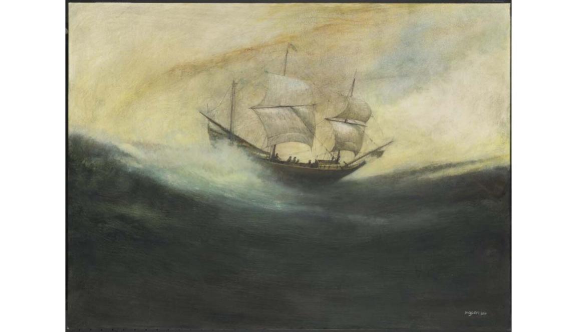 An oil painting of a 3 mast ship in stormy dark seas.