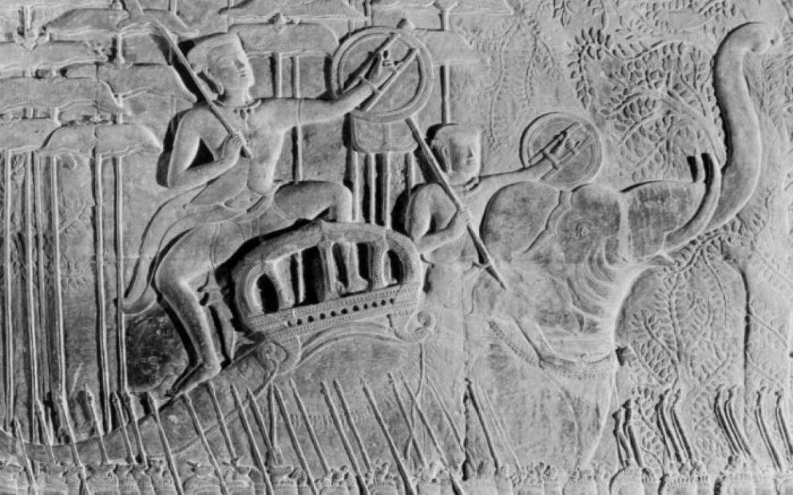 Angkor Wat royal parade reliefs, officer on elephant, stone carvings