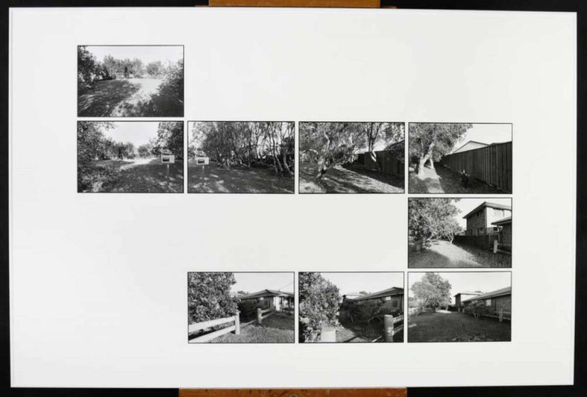 A collage of 9 black and white photos showing the back and front yards, and suburban house with trees, paling fence, letterbox and low post and rail fencing.