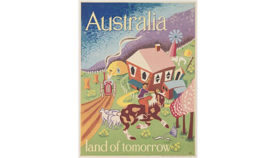 Artwork depicting an Australian farm with sheep, horse, tractor, haystacks, windmill and house in a cartoon style featuring European colours promoting an idealised life on an Australian farm.