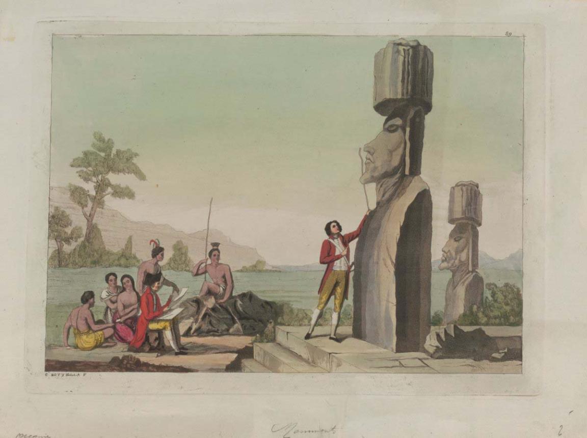 A painting of two large statues (moai) standing on the shores of a lake or bay. Two men of European descent are drawing and measuring the statues. Five Polynesian people, two women and three men, sit around end of the water. One man is holding a spear or long stick. Behind them are large trees and mountains.
