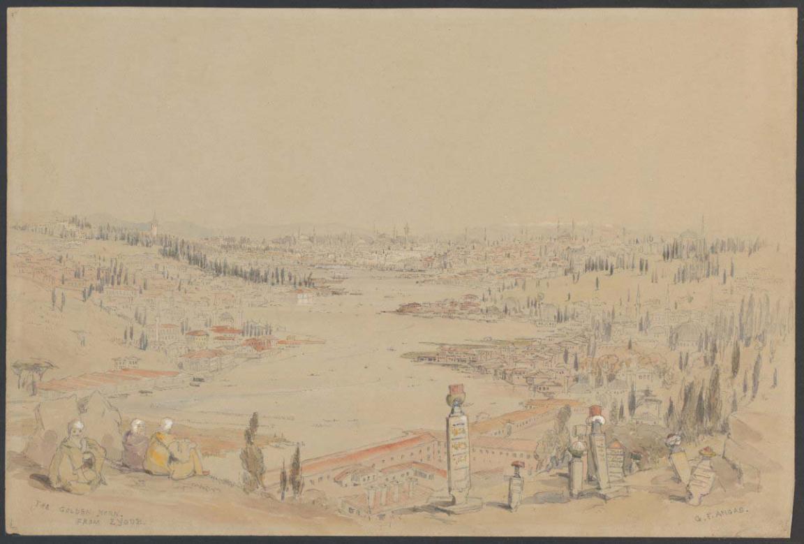 A sketch in pastels showing a wide angled landscape of Constantinople. In the foreground, three people sit on a cliff overlooking the Golden Horn. Buildings, trees and hills can be seen stretching to the horizon. In the far distance, the skyline of Constantinople can be seen.